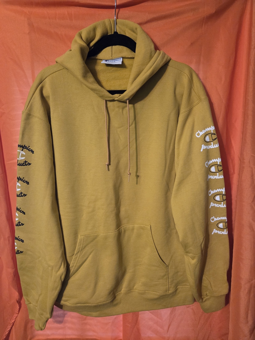 Champion Mustard Pullover Hoodie with Logo-Print Sleeves